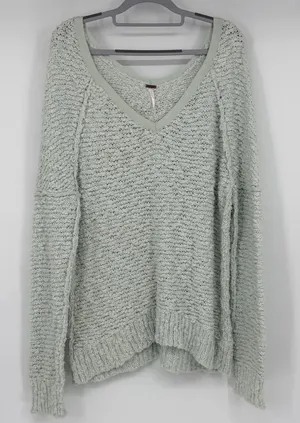 Free People Mint Green V-Neck Textured Open Knit Oversized Boxy Sweater Large thumbnail 1
