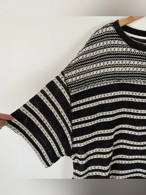 Free People We The Free Fun in the Sun Black & Cream Striped Star Knit Top thumbnail 5
