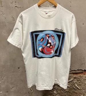 The Vintage Shop Vintage 1993 Alaska AK White Single Stitch Artsy Painting Graphic T-Shirt Large thumbnail 1