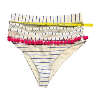 TULAROSA Nina High Waisted‎ Bikini Set Blue White Stripe Pink Pom Poms XS thumbnail 5