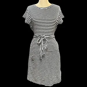 J.Crew S Black White Striped T-Shirt Dress Tie Waist‎ Short Sleeve 100% Cotton thumbnail 2