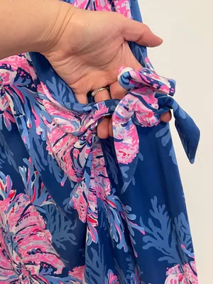 LILLY PULITZER Bryson Sleeveless Dress Multi for the Fans Blue Pink Faux Wrap L thumbnail 9
