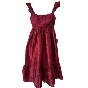 NWT Lulus Poised Passion Wine Red Taffeta Pleated Ruffled Midi Dress Size Small thumbnail 4