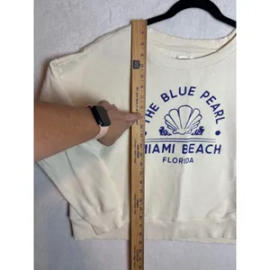 Maeve Anthropologie The Blue Pearl Miami Beach Graphic Sweatshirt Cream Large thumbnail 3