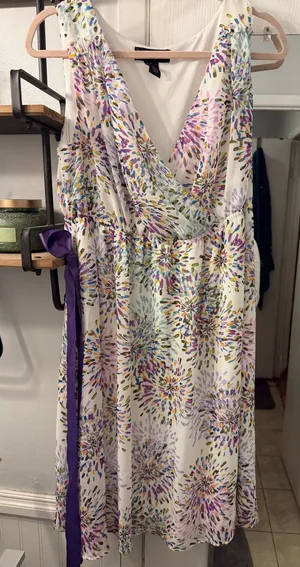Lane Bryant White Floral-Print Wrap Midi Dress with Purple Tie thumbnail 1