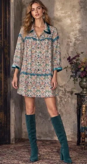 Anna Sui Boho Velvet Trim Printed Tunic Mini Dress - Long Sleeve Button Front L thumbnail 1