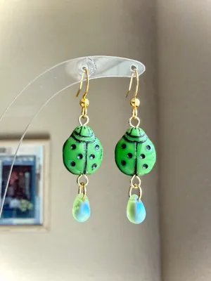 Handmade fairy cute whimsy ladybug dangle earrings💚🐞 thumbnail 2