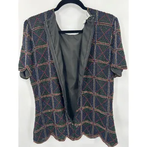 VTG Stenay Silk‎ Holiday Beaded Blouse Short Sleeve Embellished Women's Top L thumbnail 3