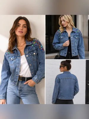 Blue B Collection Denim Jacket with Colorful Rhinestones and Spikes, Size M thumbnail 2