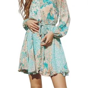 Dress Forum LA Patchwork Jade Belt‎ Floral Mini Shirt Dress Bubble Sleeve S thumbnail 3