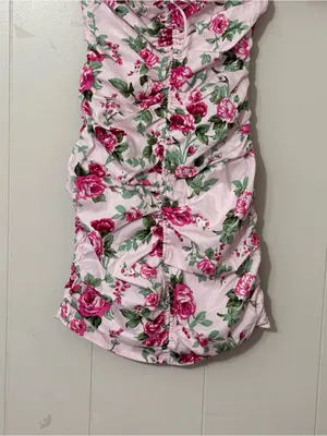 Hello Molly Find An Oasis Mini Dress Pink Floral Puff Sleeve Ruched Size M NWT thumbnail 5