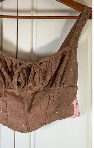 Coquette Babydoll Retro Eyelet‎ Crop Top Large Brown Sexy Keyhole Tie Fun Shein thumbnail 1