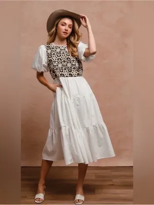 Bibi Crochet Top Midi Dress Cottagecore Balloon Sleeve Peasant Pockets thumbnail 8