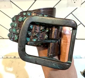 Vintage Brown leather metal turquoise patina studded belt size 34-38” western thumbnail 1