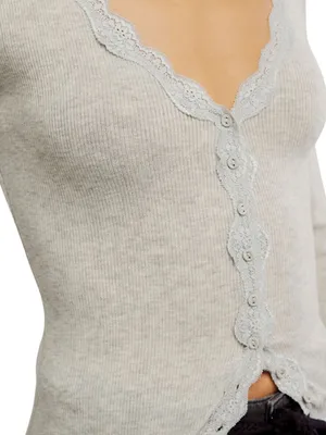 NWT Free people Big Love Ribbed Cardigan Elegant Grey Lace-Trimmed Small thumbnail 3