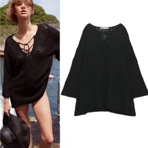 ZARA Double Tie Crochet Cover Up Women's Size M Black Vacation Style‎ thumbnail 8