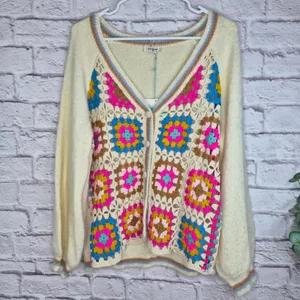 Umgee Crochet Granny Square Cardigan Sweater L XL Boho Knit Button Front Cream thumbnail 7