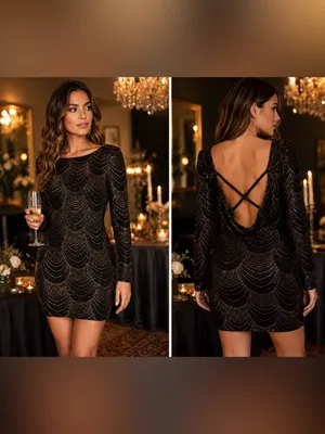 Privy Black Glitter Open Back Bodycon Mini Dress Long Sleeve Party Cocktail M thumbnail 2