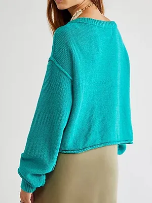 Free People Inside Out Pullover Teal Turquoise Cotton Slouchy Cropped Sweater XL thumbnail 2
