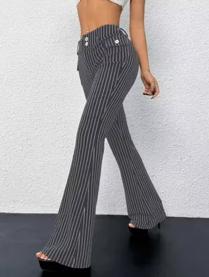 🍙 NWOT SHEIN ICON Gray/White Pinstriped Fit & Flare Pants thumbnail 9