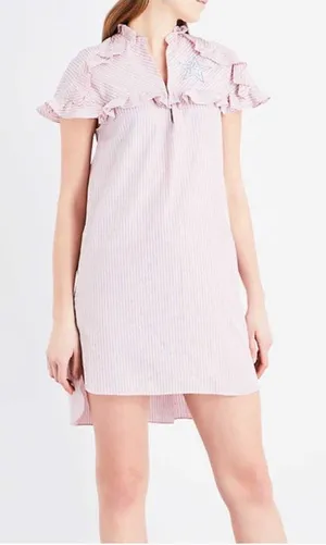 Sandro Striped Ruffled Cotton Rose Shirt Midi Dress Womens 2 thumbnail 1