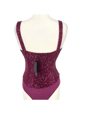 Lulus Sequin Bodysuit Plum Purple Plunging Neckline Size Medium NWT Club Glam thumbnail 6