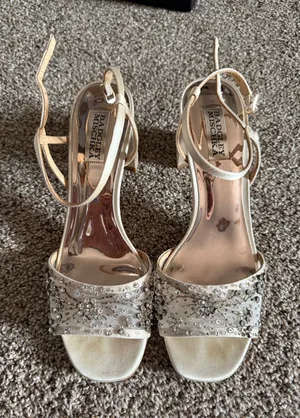 Badgley Mischka Ivory Satin Block Jewel Heel Sandals thumbnail 1