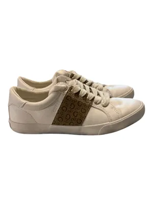 GUESS Los Angeles Women’s White Low-Top Laced Sneakers with Brown Monogram Stripe Panel thumbnail 3