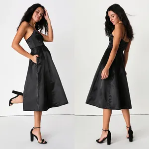 Lulus Something To Celebrate Black Satin A-Line Midi Dress With Pockets thumbnail 2