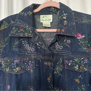 Quacker Factory Jacket Embroidered Floral Blue Denim Jean Trucker Women's Size L thumbnail 4