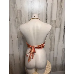 Penelope Boutique Satin Chain Halter Crop Top Pink Baroque Scarf Tie Back – Size thumbnail 3