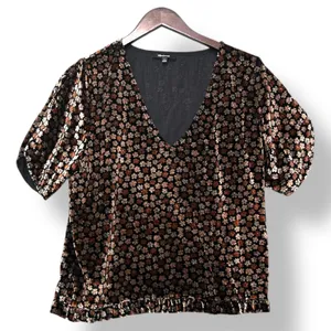 Madewell Floral Burnout Velvet V Neck Puff Sleeve Top Black Brown L Coquette thumbnail 2