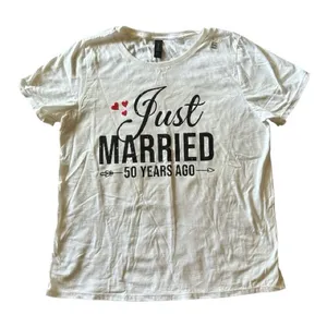 50th anniversary Just Married 50 years ago Graphic Tee with Red Heart Accents thumbnail 1