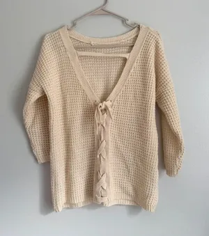 Urban Day Cream Waffle Knit Lace Up Back Sweater S/M thumbnail 1