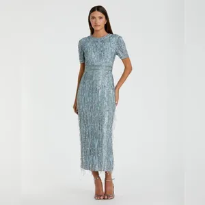 Mac Duggal 5980 Blue High Neck Short Sleeve Crystal Fringe Column Dress thumbnail 3