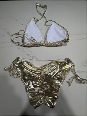 NEW Gold Lame Triangle Bikini Set Swimsuits 2 Pc Bathing XL thumbnail 2