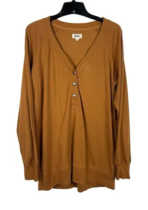 Pact Organic Cotton Henley Tunic Top Women’s L Camel Mustard Long Sleeve thumbnail 1