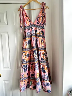 Farm Rio Seashell Tapestry Sleeveless Pink Floral Tie-Shoulder Maxi Dress thumbnail 6