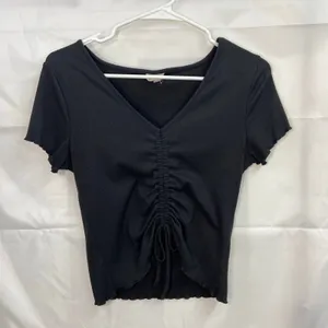 One Step Up women's black ribbed stretch short sleeve tie ruched casual blouse M thumbnail 1