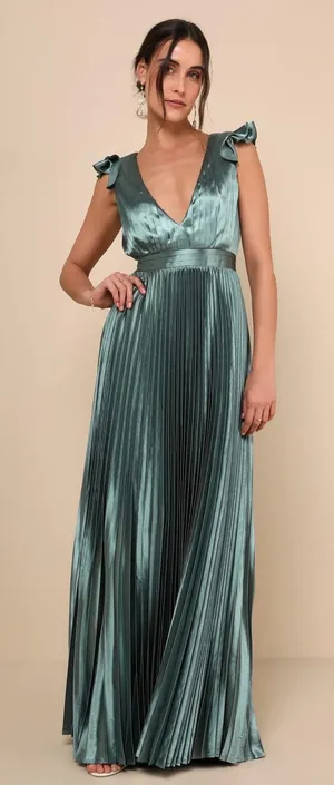 NWT Lulus Exceptional Drama Sage Green Satin Lace-Up Pleated Maxi Dress Bride M thumbnail 1