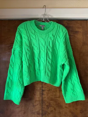 ASOS Neon Green Cable Knit Oversized Crewneck Sweater. Size 4 thumbnail 2