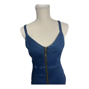 Haute Monde Blue Denim Mini Dress Size L Zip-Front Spaghetti Straps Sleeveless thumbnail 5