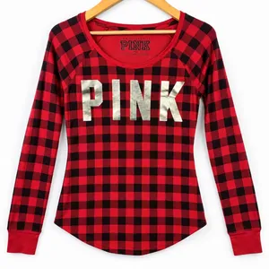 PINK Victoria's Secret Sleep Set Waffle Knit Women M Red Black Buffalo Plaid thumbnail 3