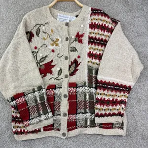 Robert Scott Women M Hand Knit Floral Fair Isle Cardigan Folk Art Cottagecore thumbnail 1