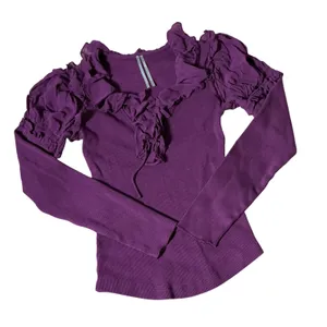 Anthropologie Coquette Ruffle Sleeve Ribbed Knit Dark Academia‎ Top XS OB2104386 thumbnail 1