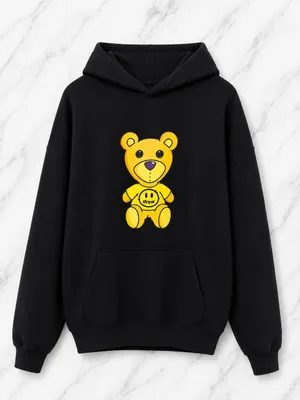 Yellow Teddy Bear Mascot Graphic Black Pullover Hoodie Sweatshirt | Size M thumbnail 2