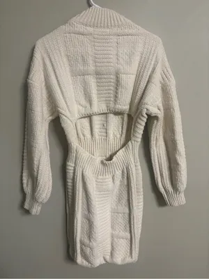 Lulus Patchwork It Cream Cable Knit Cutout Sweater Mini Dress Size XS Cream thumbnail 4