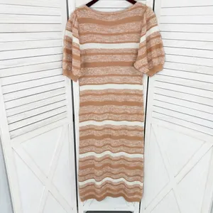 Amour Vert‎ Vivienne Striped Knit Sweater Dress Tan White Large Puff Sleeve Midi thumbnail 10