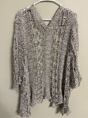 POL Open Knit Marled Cardigan Sweater Gray White Size Medium Crochet Duster thumbnail 2
