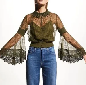 Alice + Olivia Moss Green Bell-Sleeve Crochet Collared Top Boho Fairy Grunge Witchy Ethereal thumbnail 2
